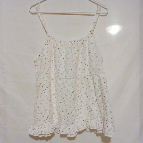 White Red Ditsy Floral Babydoll Cami Top L Cottagecore Coquette Y2K Ruffle Hem - Picture 5 of 5